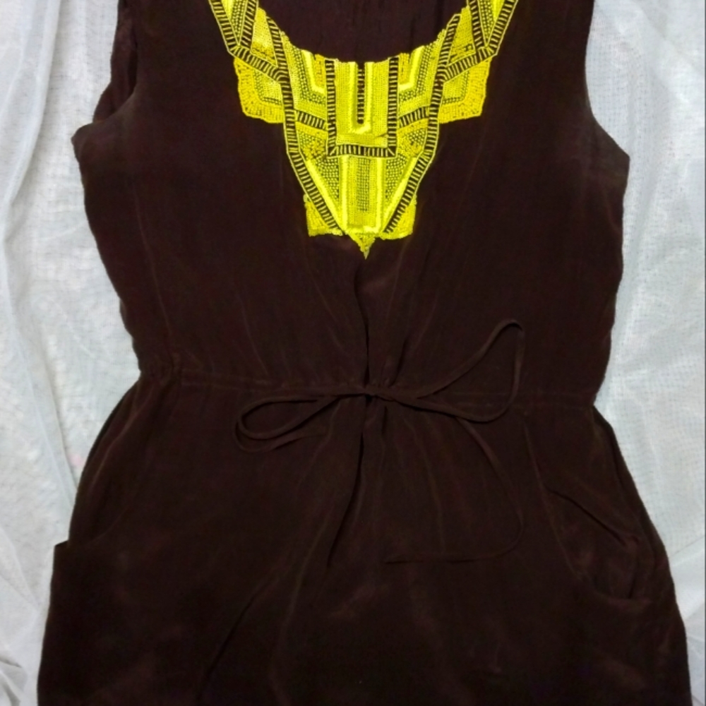 Anthropologie Red Bird Silk Tank Top Yellow Beaded